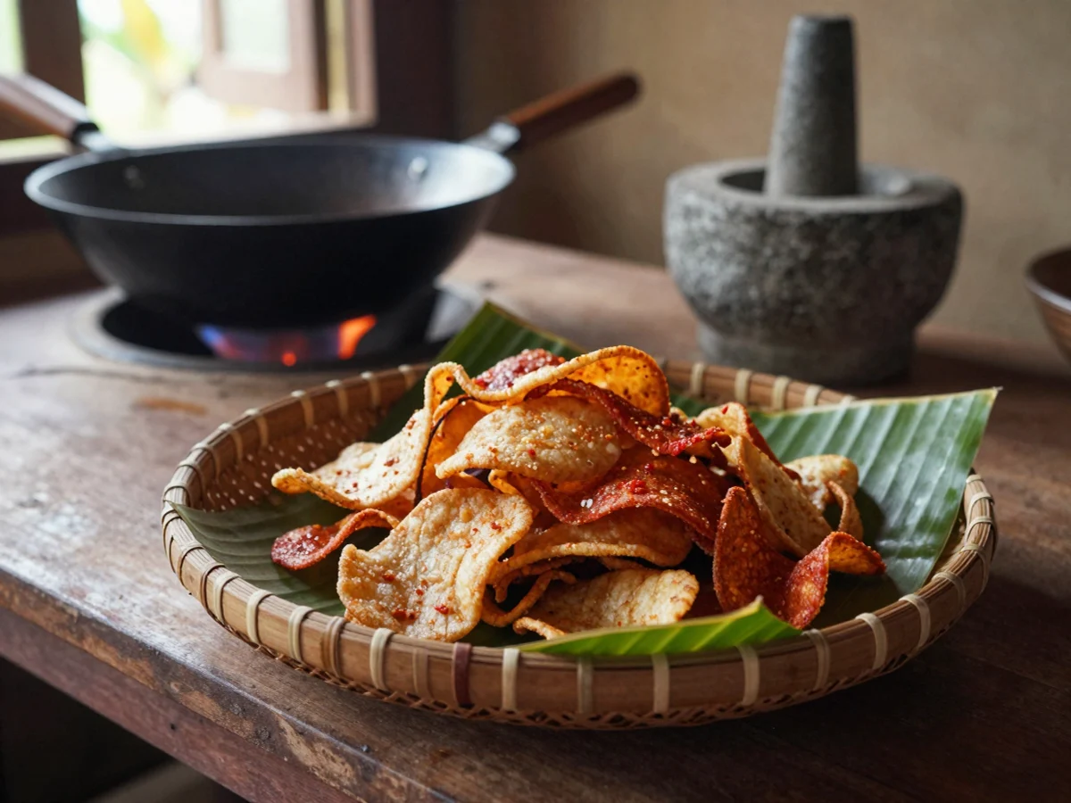 Keripik di wadah anyaman; foto stok