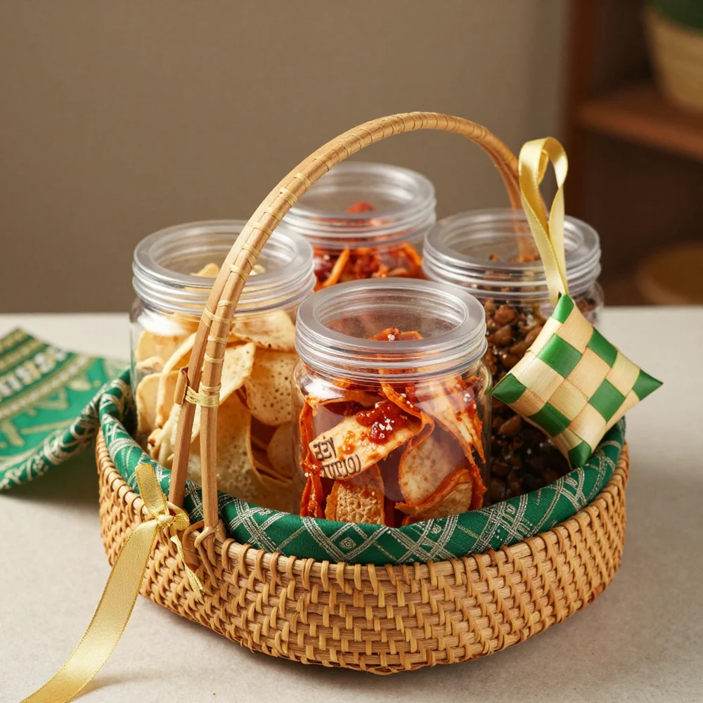 Hampers lebaran berisi toples keripik; foto stok