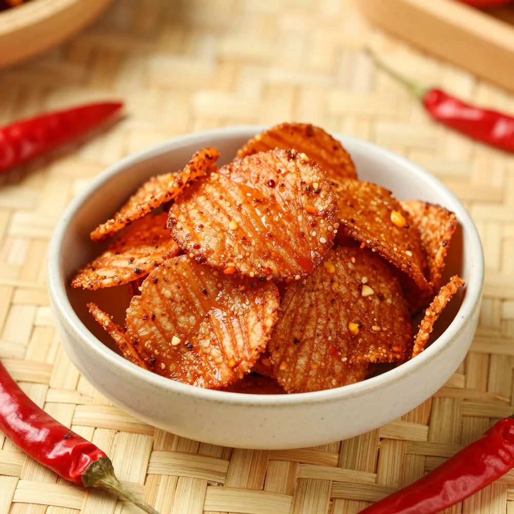 Mangkuk keripik singkong balado; foto stok