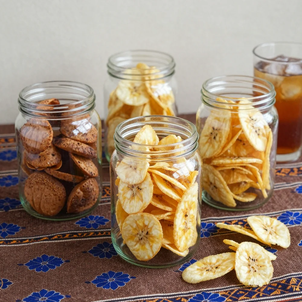 Camilan dalam toples di atas kain batik; foto stok