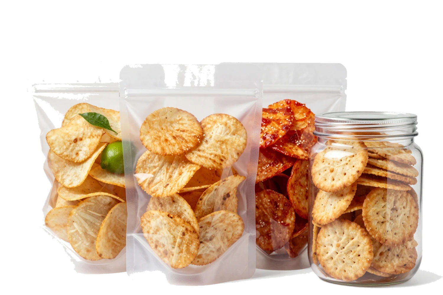 Tiga kemasan Keripik Kriukan: Kentang Daun Jeruk, Singkong Balado, Emping; mockup orisinal